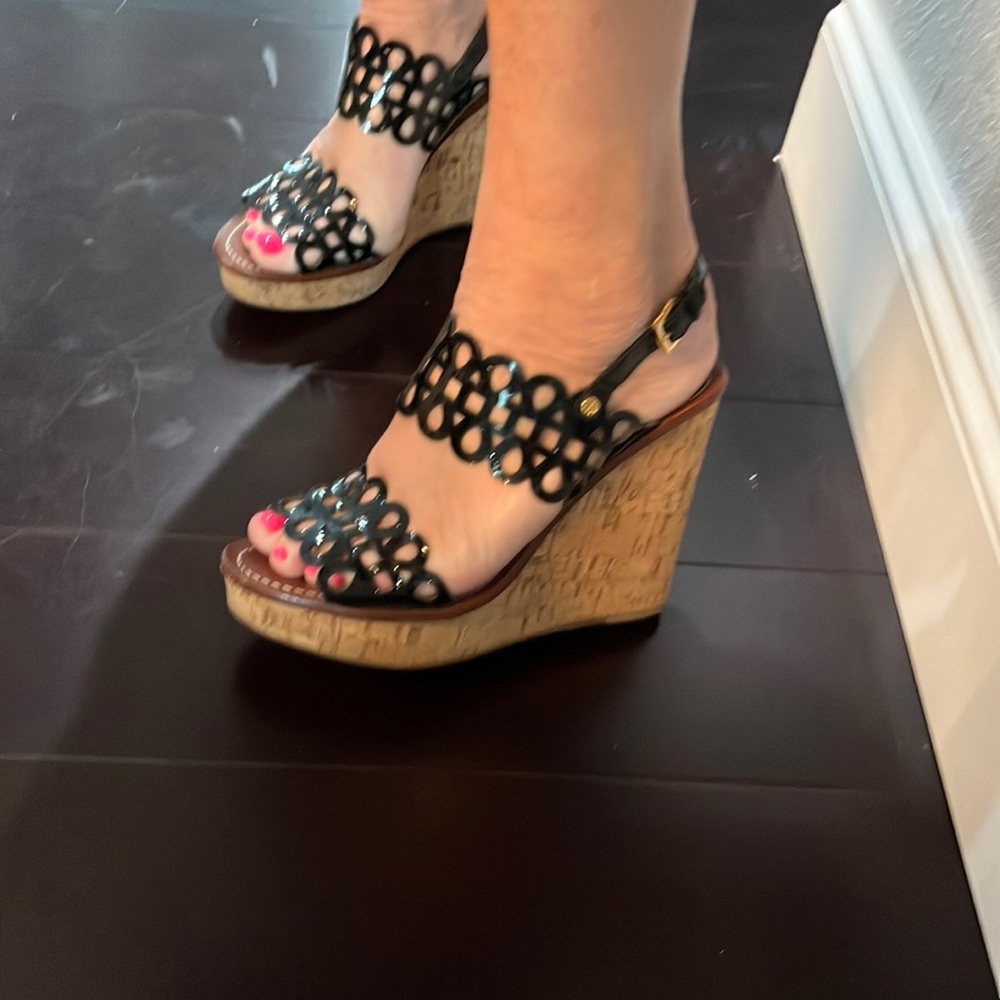 Tory Burch Black Patent Wedges - Picture 2 of 7